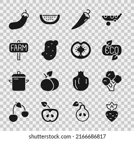 Set Turnip, Broccoli, Leaf Eco symbol, Hot chili pepper, Potato, Location farm, Eggplant and Tomato icon. Vector