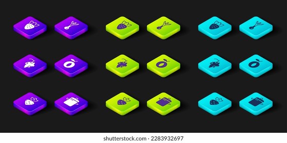 Set Turnip, Cooking pot, Grape fruit, Plum, Onion and Strawberry icon. Vector