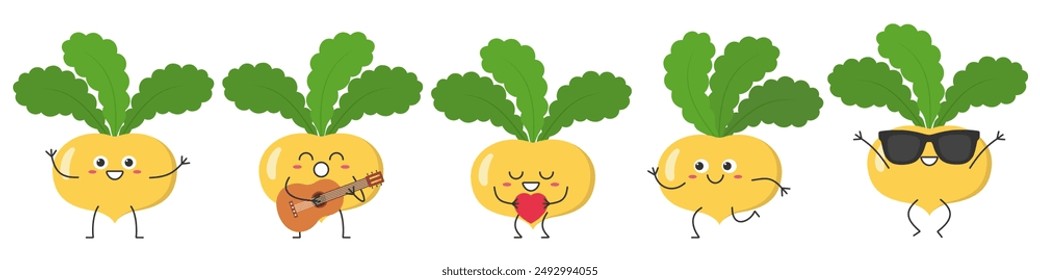 Set turnip cute character cartoon emotions joy happiness smiling face jumping running loves sings vegetables beautiful vector illustration.