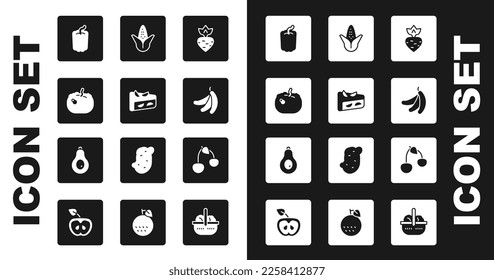 Set Turnip, Homemade fruit pie, Pumpkin, Bell pepper, Banana, Corn, Cherry and Avocado icon. Vector