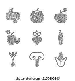Set Turnip, Mushroom, Corn, Cucumber, Onion, Healthy fruit, Apple and Leaf Eco symbol icon. Vector