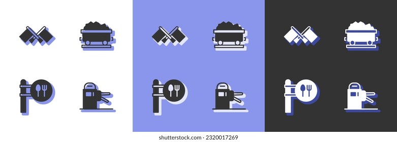 Ubicado en Turnstile, Bandera, Cafe y Restaurante y el icono del vagón del tren de carbón. Vector