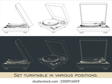  set turntable vector outline vinyl dj blueprint. isolated in transparent background