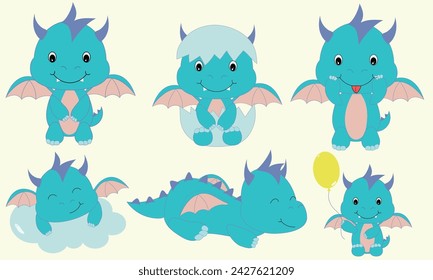 Set of turquoise baby dragons for postcards of children's books and games.Vector illustration.EPS10