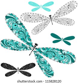 Set turquoise and black-white vintage dragonflies on white (vector)