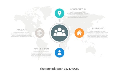 Set of turquoise, blue, gray and orange elements for infographic with world map presentation slides.