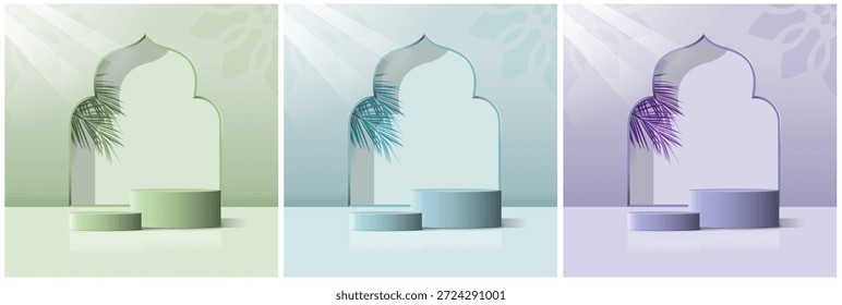Conjunto de fondos de podio cilíndricos de Ramadán Kareem 3D turquesa, azul y verde en forma de puerta de mezquita con bolas de oro. Diseño minimalista para la maqueta de la etapa del producto, pantalla promocional del Anuncio Eid al-Adha Mubarak.
