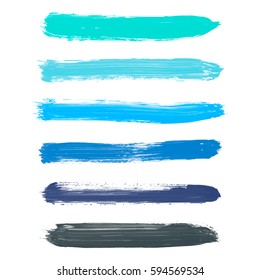 Set of turquoise blue, indigo, black vector watercolor hand painted gradient stripes isolated on white background. Collection of acrylic dry brush stains, strokes, geometric horizontal lines.