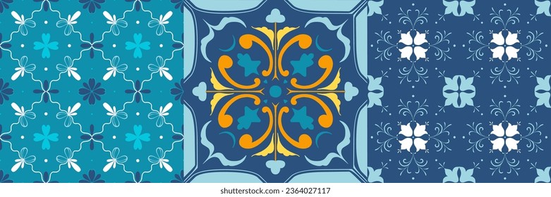 Set Turquoise blue yellow Mosaic pattern ornament, Moroccan vintage ornament as backgrounds, for fabric, wallpaper, textile, websites, home decor (pillows, towels, napkins), tableware