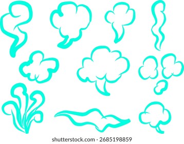 Conjunto de fumaça turquesa desenhos animados e formas de nuvens em estilo doodle. Divertidos elementos cômicos perfeitos para design, adesivos, animação, jogos e ilustrações criativas.
