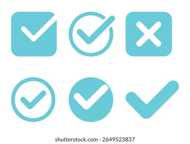 Conjunto de iconos de marca de verificación turquesa y cruz aislados sobre fondo blanco