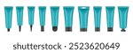 Set of turquoise cosmetic tubes with black caps. Closed blank tubes with caps. Realistic mockup. Long nozzle tube. for ointment or salve. Gel serum. Korean packaging. Lip gloss. Toothpaste. Hand cream