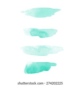 Set of turquoise cosmetic watercolor brush strokes isolated on white. Make up colors. Vector