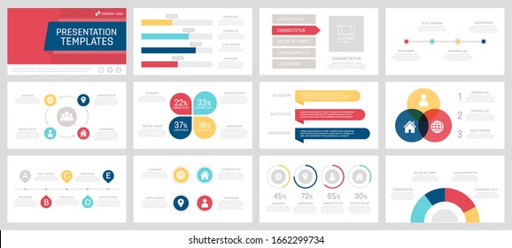 Conjunto de elementos turquesa, azul oscuro, rojo y amarillo para diapositivas de plantilla de presentación multipropósito con gráficos y gráficos.