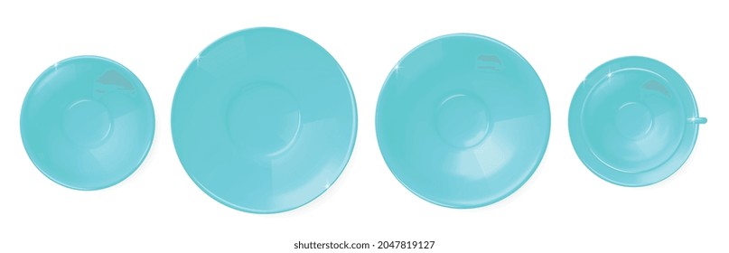 Set of turquoise dishes of different sizes and types top view realistic isolated vector illustration