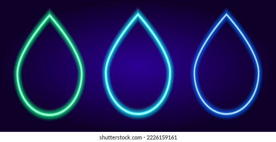 a set of turquoise drops, dark blue and neon blue drops glow in the dark for water advertising. neon water drop. The glow-in-the-dark liquid sign is a neon outline of blue on a dark background. vector