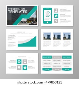 Set of turquoise and gray template for multipurpose presentation slides with graphs and charts. Leaflet, annual report, book cover design.