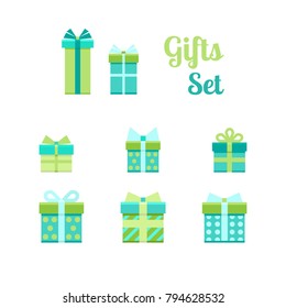 set of turquoise and green present boxes with ribbons. simple icons isolated on white background. gift sign. flat vector Illustration. Good for web and mobile design. holiday shopping