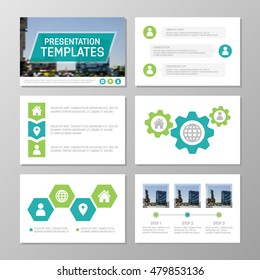 Set of turquoise and green template for multipurpose presentation slides with graphs and charts. Leaflet, annual report, book cover design.