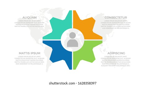Set of turquoise, orange, green and blue elements for infographic with world map presentation slides.