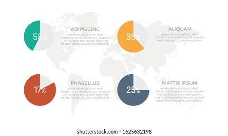 Set of turquoise, orange, red and gray elements for infographic with world map presentation slides.
