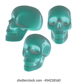 Set of Turquoise Porcelain 3D Skulls on White. Low Poly Realistic Vector Illustration. Collection of Skulls in Different Views.