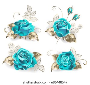 Set of turquoise roses, with leaves of white gold on white background.