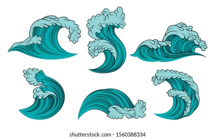 Set of turquoise sea waves. Vector illustration on a white background.