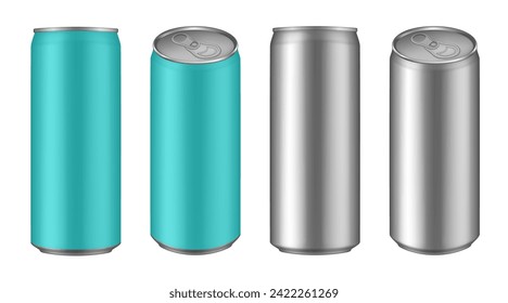 Set of turquoise and silver tin cans of energy drink, juice or soda. Cocktail or fitness drink. Cold beverages. Can top view
