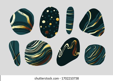 Set of turquoise stones with golden marble texture. Natural shapes, organic textures. Design elements for compositions, backgrounds, patterns.