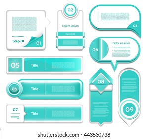 Set of turquoise vector progress, version, step icons. eps 10