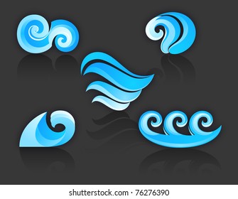 Set of Turquoise Waters Icons - with reflection on black background vector