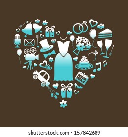 Set of turquoise and white silhouette wedding icons inside a heart shape