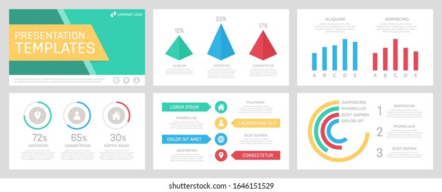 Set of turquoise, yellow, blue, red elements for multipurpose presentation template slides with graphs and charts.
