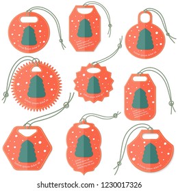 Set of Turquoise-Red Tags on the White Background Made in Flat Style with Snowfall and Sample Text. Isolated Group of Hang Tags for Christmas Holiday Market and Sales. Vector EPS 10