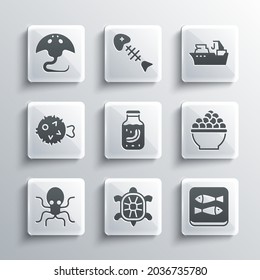 Set Turtle, Canned fish, Caviar, Sea cucumber in jar, Octopus, Fish hedgehog, Stingray and Fishing boat icon. Vector