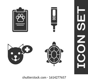 Set Turtle, Clipboard with medical clinical record pet, Veterinary clinic symbol and Medical digital thermometer icon. Vector