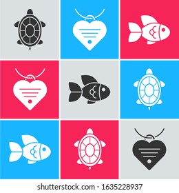 Set Turtle, Collar with name tag and heart and Fish icon. Vector