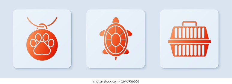 Set Turtle, Collar with name tag and Pet carry case. White square button. Vector