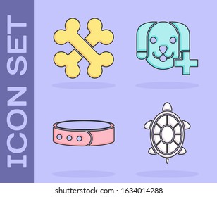 Set Turtle, Crossed bones, Collar with name tag and Veterinary clinic symbol icon. Vector