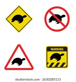 Set of turtle crossing traffic sign. Vector illustration of yellow triangle warning sign and white cirle warning sign with turtle icon inside. animals likely to be in road ahead.