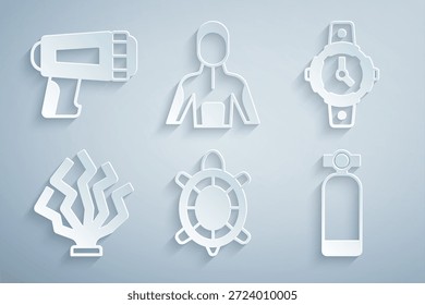 Set Turtle, Taucheruhr, Coral, Aqualung, Wetsuit für Tauchsport und Taschenlampentaucher-Ikone. Vektorgrafik