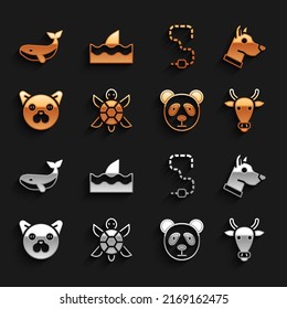 Set Turtle, Dog head, Cow, Cute panda face, Cat, Worm, Whale and Shark fin in ocean wave icon. Vector