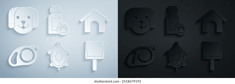 Set Turtle, casa de cachorro, coleira de cordão retrátil com mosquetão, Dustpan, frasco de remédios e ícone. Vetor