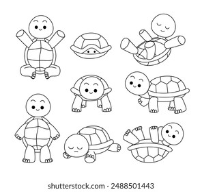 Set von Schildkröten-Doodle-Kollektion, Schildkröten-Umriss-Malseite oder Buch Tiere für den Kindergarten, Vektorgrafik-Linie-Kunst-Set von Tieren Wildtiere, Handgezeichnet, Minimal Schildkröten-Linie-Kunst-Doodle in verschiedenen Posen.