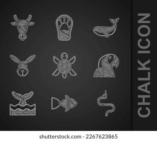 Set Turtle, Fish, Snake, Macaw parrot, Whale tail in ocean wave, Rabbit head,  and Cow icon. Vector