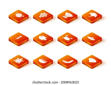 Set Turtle, Fish soup, Takoyaki on a stick, Puffer fish, Shrimp, Crab, Scallop sea shell and Shark icon. Vector