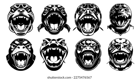Set of turtle heads with open mouth, with different angry expressions of the muzzle. Symbols for tattoo, emblem or logo, isolated on a white background.