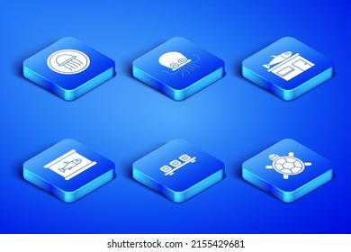 Set Turtle, Jellyfish on a plate, Sushi cutting board, Canned, Octopus and Seafood store icon. Vector