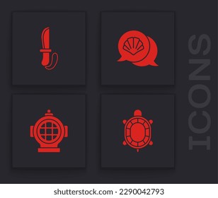 Separar tortuga, Cuchillo, concha marina de vieira e icono de Aqualung. Vector